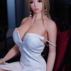 blonde Full Size Sex Dolls in short white dress sitting in a chair