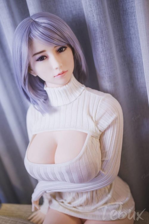 gray haired sex doll for men in a short white dress